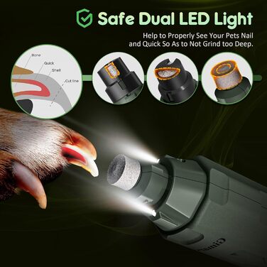 Шліфувальник кігтів для собак Gimars - 6 швидкостей, LED-підсвічування, USB-зарядка, 3 насадки (Army Green)