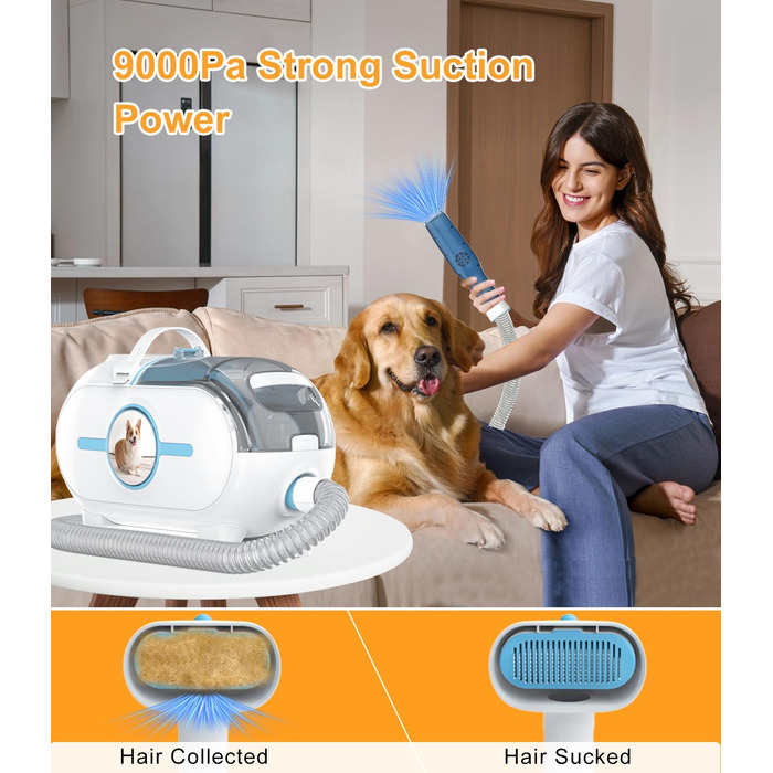 WHDPETS Машинка для стрижки собак зі збором шерсті, 2L контейнер для сміття, 45 dB, потужне всмоктування 9000 Pa, видаляє 99.99% шерсті, 4-в-1 для собак та котів