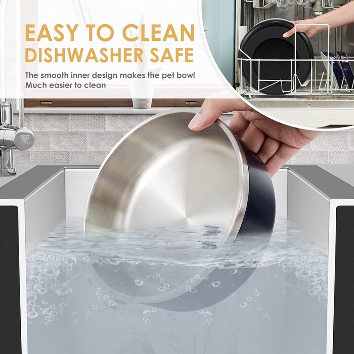 Миски для собак IKITCHEN з нержавіючої сталі, подвійні стінки, 1,8 л, чорні, для корму та води, з гумовим дном