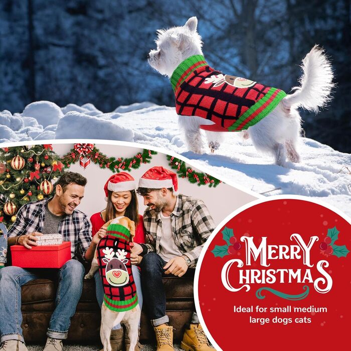 Теплий святковий пуловер для собак з отвором для шлейки, червоний в клітинку, олень. Підходить для малих, середніх та великих собак, котів. Ідеальний для осені та зими.