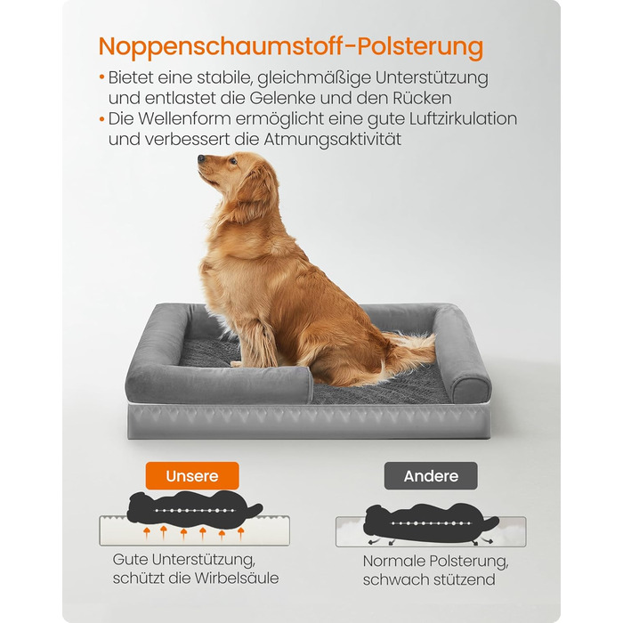 Ортопедичне ліжко для собак Feandrea, м'яке, з піднятими бортиками, знімний чохол, 106 x 76 x 18 см, сірий