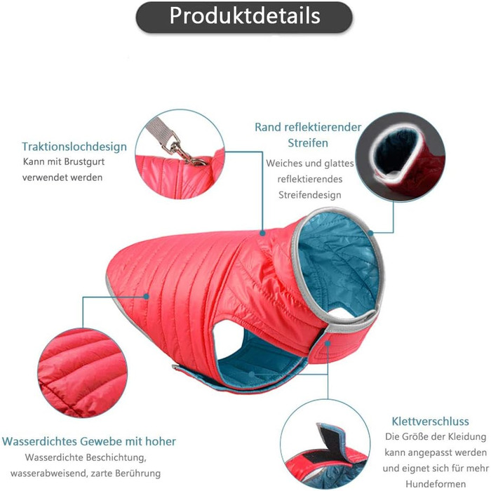 Зимова куртка для собак - тепла, водонепроникна жилетка з наповнювачем, світловідбиваюча, для осені/зими (XL, червоний + синій)