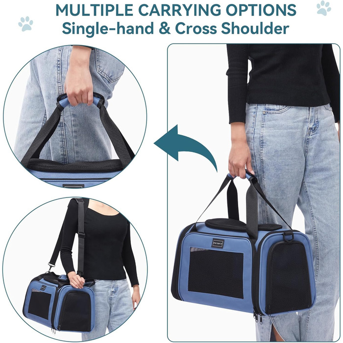 Транспортна переноска для котів та маленьких собак Petsfit, блакитна, S, з захисним ременем та розкладною підстилкою