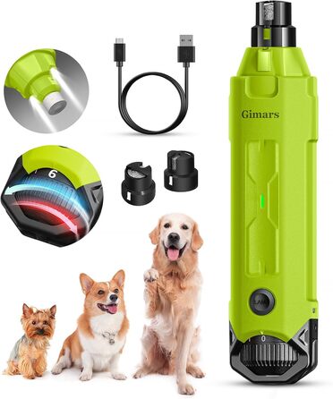 Шліфувальник кігтів для собак Gimars: 6 швидкостей, LED-підсвічування, USB-зарядка, 3 насадки (зелений)