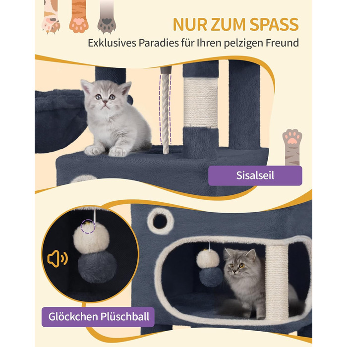 Драбина-кіготь для котів Hzuaneri, 159 см, з 8 кігтеточок, 3 платформ, 2 будиночків, кошиком, плюшевими кульками, мотузкою з сизалю, підходить для котів різних розмірів, MS15918LG (XL, темно-сірий)