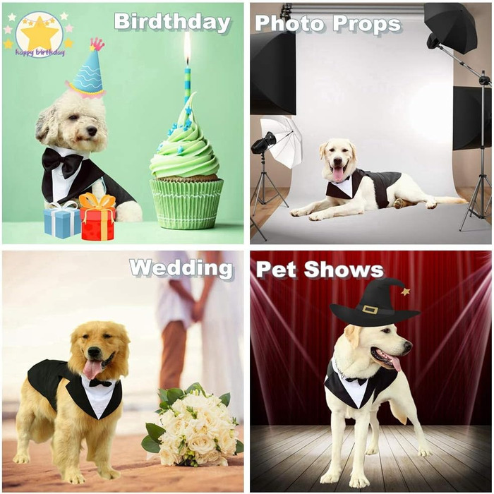 Смокінг для собак середнього та великого розміру, костюм, набір для косплею та свят, елегантний одяг для собак з краваткою та нашийником (Чорний, M: Обхват грудей 42-53 см)