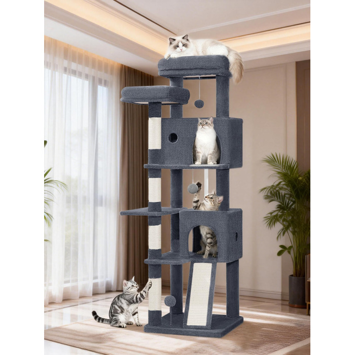 Котячий будиночок Kratzbaum 178 см, великий, стабільний з когтеточками, лежаками та платформами, сірий