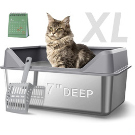 Великий котячий туалет з кришкою XL, нержавіюча сталь, високі борти, для великих котів, з лопаткою, не прилипає, не протікає, легке очищення