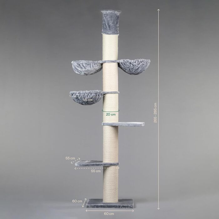 Дряпка для великих котів RHRQuality Maine Coon Tower Plus, до 295 см, 20 см сисалеві стовпи, світло-сіра