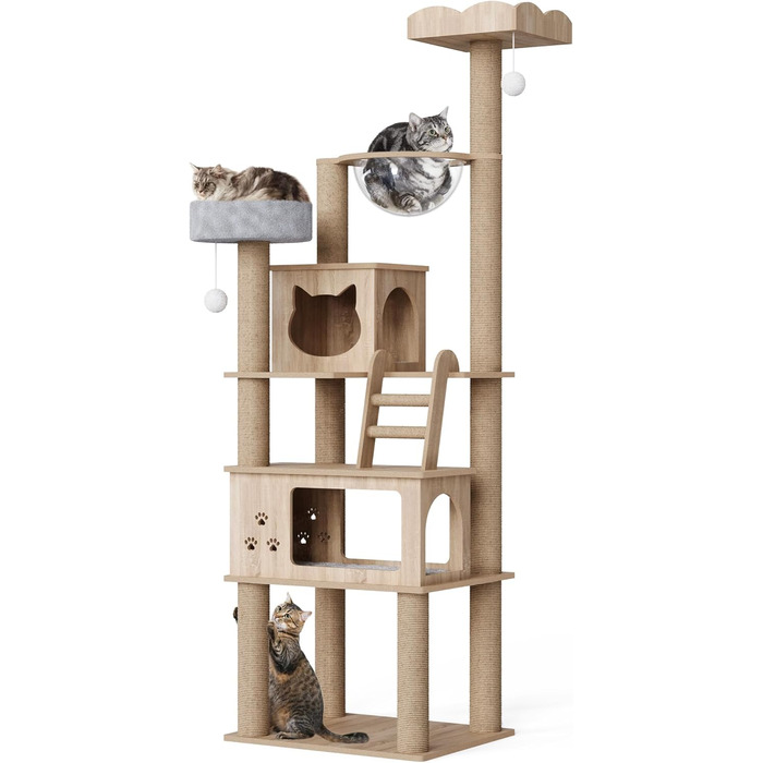 Дерев'яна кігтеточка Mondeer для кімнат з двома будиночками для котів, контейнером для наповнювача, прозорою капсулою, знімними плюшевими подушками, розмір 60x50x184 см, дуб