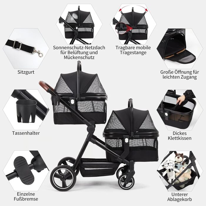 Складаний двоярусний візок для собак та котів до 22 кг, з сітчастими віконцями, тримачем для напоїв та місцем для зберігання. Ідеально для двох маленьких собак або котів. Легкий та зручний двошаровий візок.