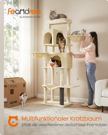 Котячий дім Feandrea XXL 190 см, багаторівневий, 2 будиночки, 2 лежаки, 5 стовпчиків для дряпання, котяча щітка, велика платформа, колір пісочний