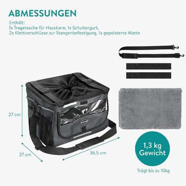 Корзина для собак Navaris на велосипед, спереду - сіра, до 10 кг, з додатковими кишенями