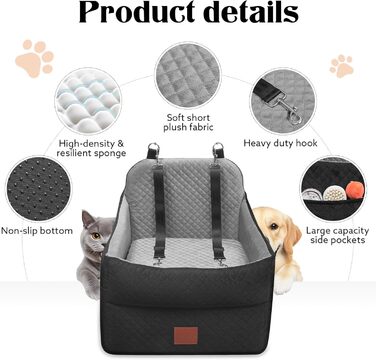 Автокрісло для собак маленьких та середніх порід (до 15,9 кг), з пам'яті-ефекту, знімний чохол, 2 ремені безпеки, чорний/сірий, Medium