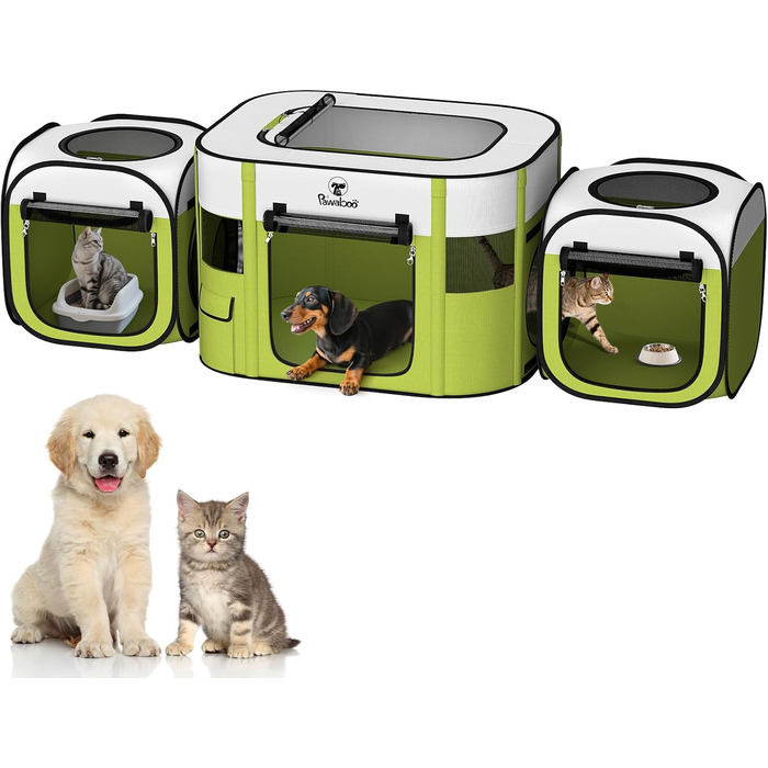 Pawaboo Зручний переносна клітка для тварин, розкладний вольєр для собак та котів з водонепроникного оксфорду, з сумкою для перенесення та мискою, для цуценят, котів, кроликів, для використання в приміщенні та на вулиці, зелений, 80x60x55 см (3-в-1 вольєр