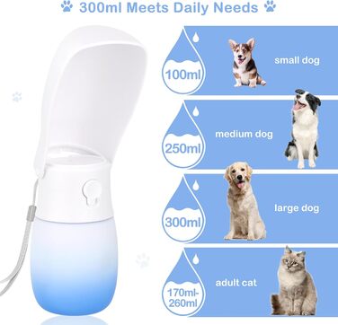 Турбувальна пляшка для води для собак і котів JOPHEK 300мл з фільтром з активованого вугілля, блакитно-біла, для прогулянок, подорожей та кемпінгу