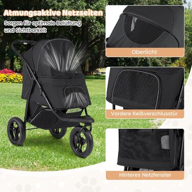 Візок для тварин Costway, розкладний, до 25 кг, для собак та котів, 3 колеса, регульоване сонцезахисне дах, сітчасте вікно, кошик та подушка, чорний