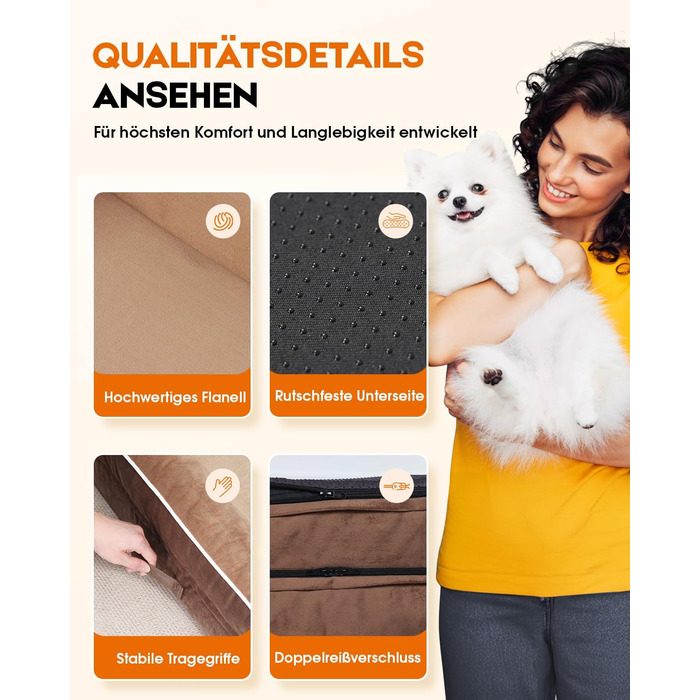 Ортопедичний лежак для собак XL, кошик для собак, що можна прати, з піною у формі яйця, водовідштовхувальний диван для собак з неслизьким дном та чотиристоронніми подушками (світло-коричневий, 117x76x19 см)