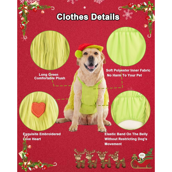 Костюм для собак з новорічною шапочкою, для собак та котів, костюм на Хелловін, костюм для маленьких, середніх та великих собак, розмір 4XL, зелений, обхват грудей 88 см