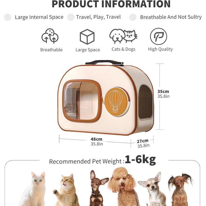 PETCUTE Рюкзак-переноска для собак та котів з колесами, складаний, з внутрішнім страхувальним ремінцем, дихаючий, для маленьких собак та середніх котів, бежевий