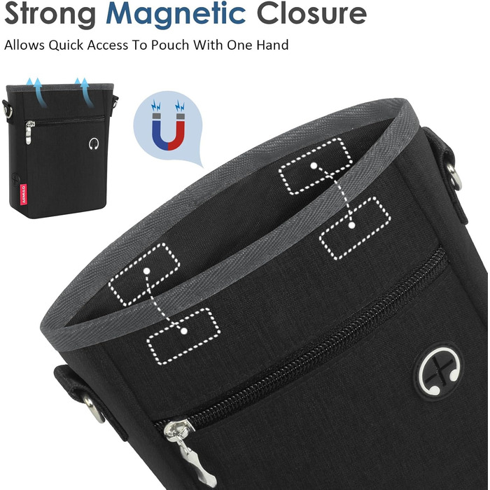 Лекарства для собак з магнітною застібкою, сумка для дресирування собак з знімною внутрішньою кишеню, багатофункціональна сумка для ласощів для собак зі змінним дозатором відходів, сіра (чорна)