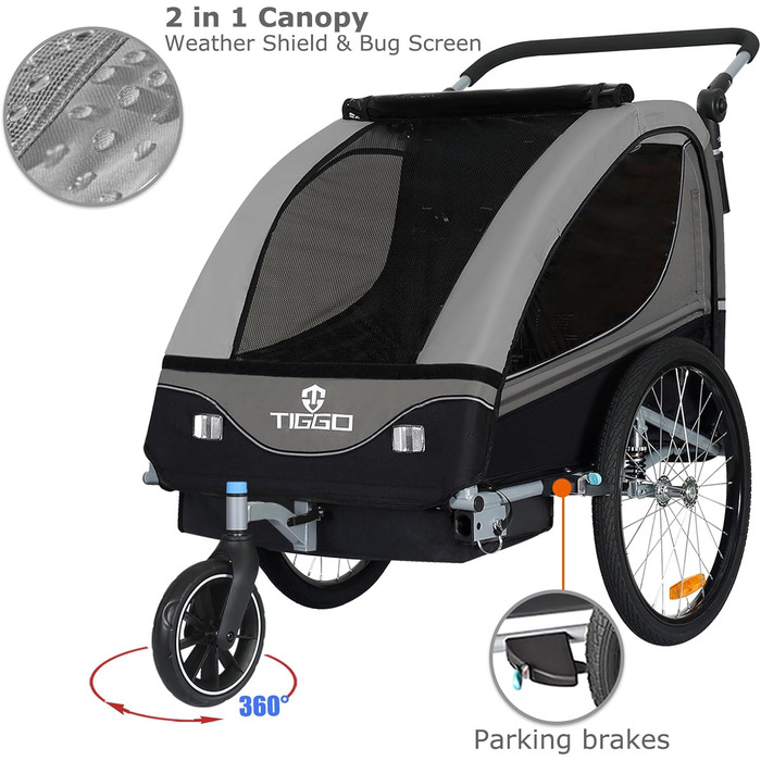 Дитячий причіп Tiggo S2 2-в-1 з підвіскою та поворотним з'єднанням 360° (Сірий)