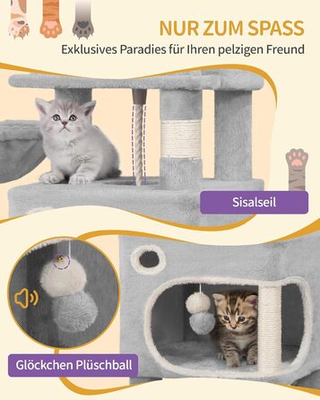 Драбина-кіготь Hzuaneri для котів, 159 см, 8 стовпчиків, 3 платформи, 2 хованки, кошик, плюшеві кульки, мотузка з сизалю, підходить для котів різних розмірів, сірий MS15918LG L (50 x 40 x 159 см)