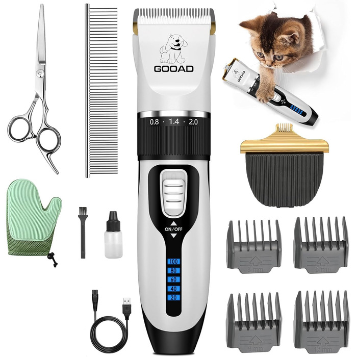 Набір для догляду за котами: бездротовий тример для шерсті, ножиці для грумінгу, тиха модель (білий)