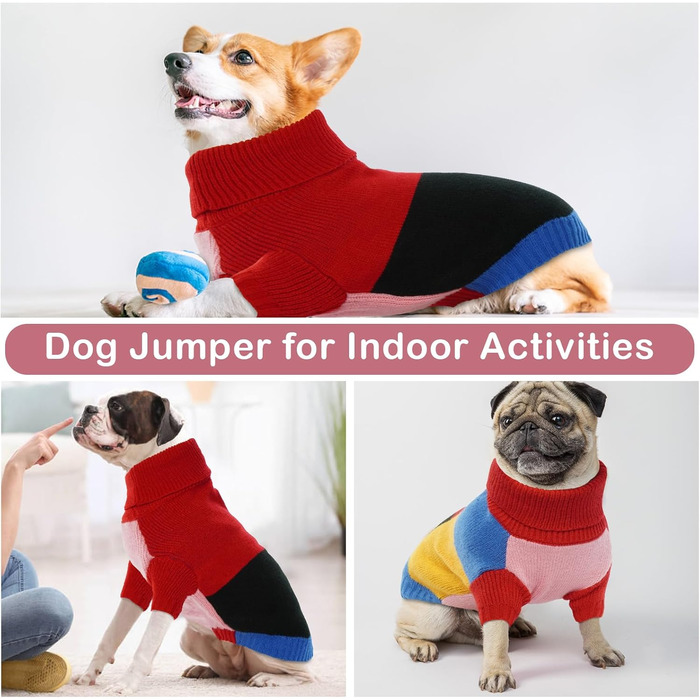 Вовняний пуловер для собак Hjumarayan, вінтажний стиль, отвір для повідка, блоковий колір, пуловер з коміром-стійкою для маленьких собак, теплий, червоний S