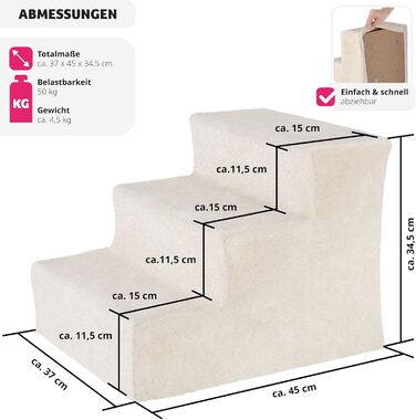 Сходинка для тварин tectake®: для собак та котів, допомога у підйом, знімний чохол, плоскі сходинки, для дивану, ліжка, авто (7 x 45 x 4,5 см)