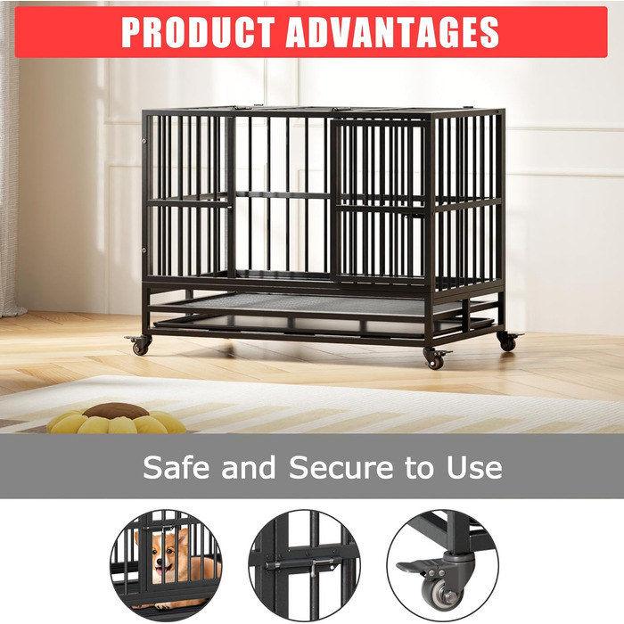 Міцний переносний вольєр для собак, транспортна переноска для великих собак, 94x58.5x74.8 см. Металевий вольєр на 4 колесах з двома дверцятами, знімний піддон. Підходить для малих, середніх та великих собак.