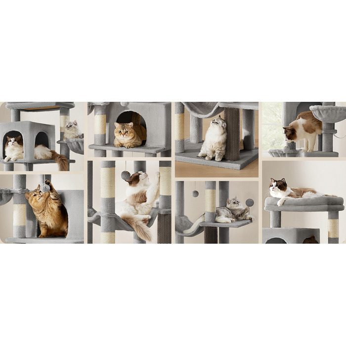 Високий когтеточка-комплекс Feandrea: ігровий центр з лежаком та стовпчиком для кігтів, 161 - 220 см