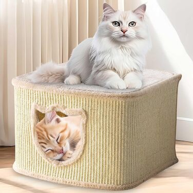 Преміум будиночок для котів Zooprinz – котячий кошик з товстими сизалевими стінами, печерка з м'яким плюшем та іграшкою, котячий будиночок у скандинавському стилі (Бежевий)
