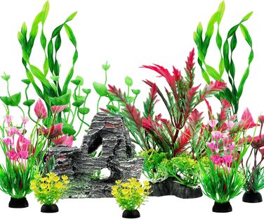 Аксесуари для акваріума QUOZUO: набір з 12 штук, яскраві штучні рослини та декоративні камені-печери