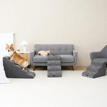 Сходинки для собак EHEYCIGA - 50 см, сірі. Зручні сходи для маленьких собак до дивану/ліжка. 4 сходи, матеріал - високощільний губчастий, з антиковзким покриттям та знімним чохлом. Розміри: 72 x 40 x 50 см.