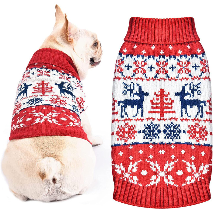 Пуловер для собак на Новий рік, теплий в'язаний пуловер з візерунком (сніжинка-олень), розмір L