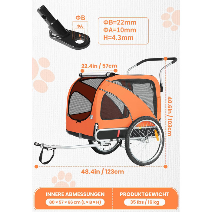SEPNINE® Причіп для собак XL 2-в-1, велосипедний та візок для собак до 40 кг, складний з гальмами та з'єднувачем для середніх та великих собак - Синій (Помаранчевий)