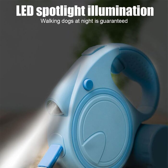 Висувна поводок для собак з LED, зручний руків'я, тримач для відходів, для собак до 25 кг, блакитний