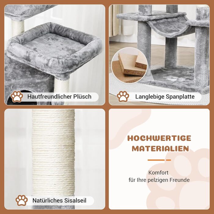 MSmask Котячий будиночок-кігтеточка великий, 180 см, з сизалевих стовпів, 2 платформи, 2 будиночки, кошик, гамак, стабільний, багатоповерховий, сірий