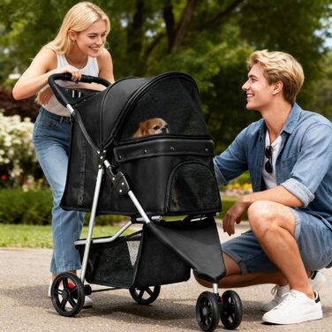 Візок для собак та котів YITAHOME 15 кг, чорний, з трьома колесами, сітчастим вікном та гальмами