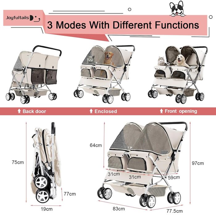 Візок для собак Joyfultails, двомісний візок для домашніх тварин та дітей, складний візок для 2 собак та котів, сумка-переноска для близнят, візок для прогулянок та бігу з собаками, візок для тварин для подорожей з місцем для зберігання (сірий)