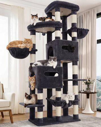 Heybly Katzenbaum 190 см, XXL Дряпка для великих котів, Стабільна висока когтеточка з великою платформою, 2 печери, гамак та міцні стовпи з сизалю, Сірий HCT062G