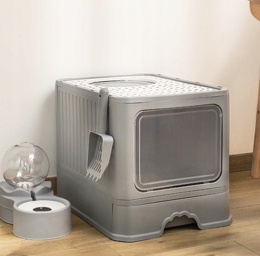 Закритий лоток-туалет для котів, сірий, з ручкою та висувною шухлядою, 50 x 40 x 38 см