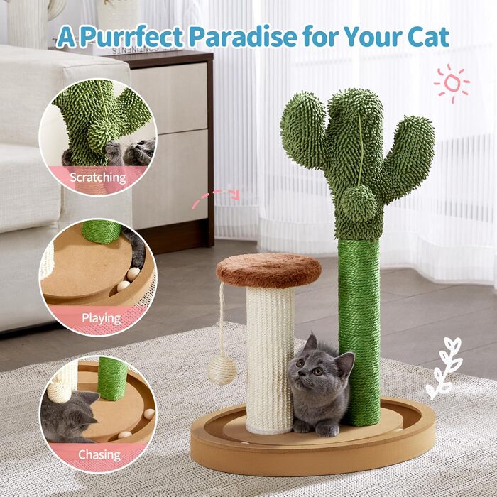 Когтеточка для котів Made4Pets Кaktus, 55,1 см, з сизалю, інтер'єрна, з ігровими кулями та дерев'яною основою для кошенят