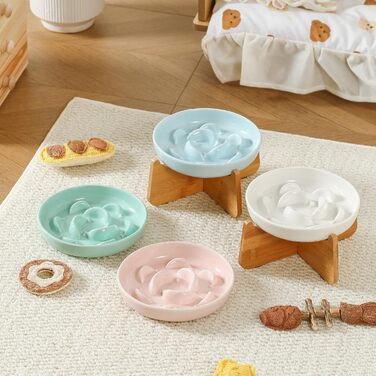 Антислизький годівниця для котів з кераміки з металевим підставкою - Підвищена годівниця проти захлинування - Лабіринтова миска для повільного годування - Рожевий (миска + бамбук - білий)