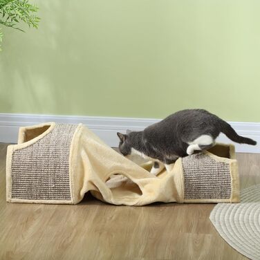 Ігровий тунель для котів PawHut, складаний, 2 будиночки, 3 входи, для котів до 6 кг, для дому, бежевий