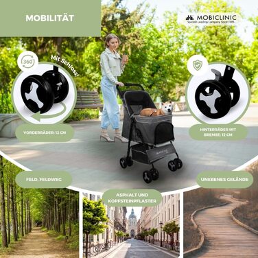 Візок для собак Mobiclinic® Pets, сірий, до 15 кг, з великим кошиком, 3 вікна, гачок для води, поворотні колеса з гальмом