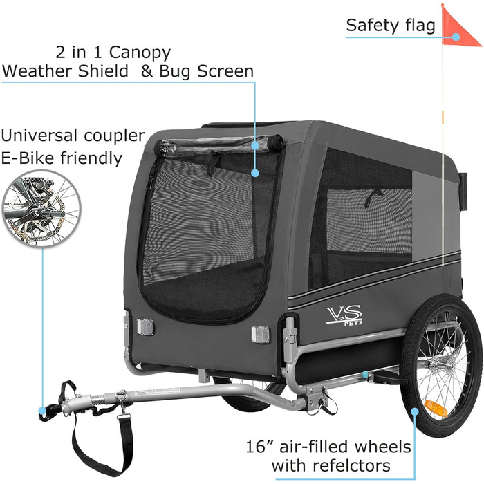 Візок для собак Tiggo VS Pets 2-в-1: візок та велосипедний причіп, сірий, об'єм 270 л, до 35 кг