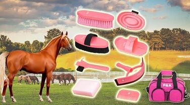 Набір для догляду за конем P&K: інструменти та аксесуари для грумінгу в рожевій сумці