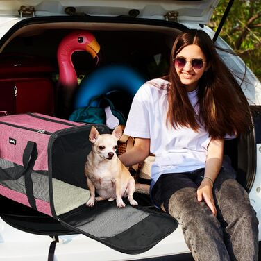 Транспортна сумка для котів та собак, дихаюча та складна, з регульованим плечовим ременем, знімний плюшевий килимок (Рожева, L)